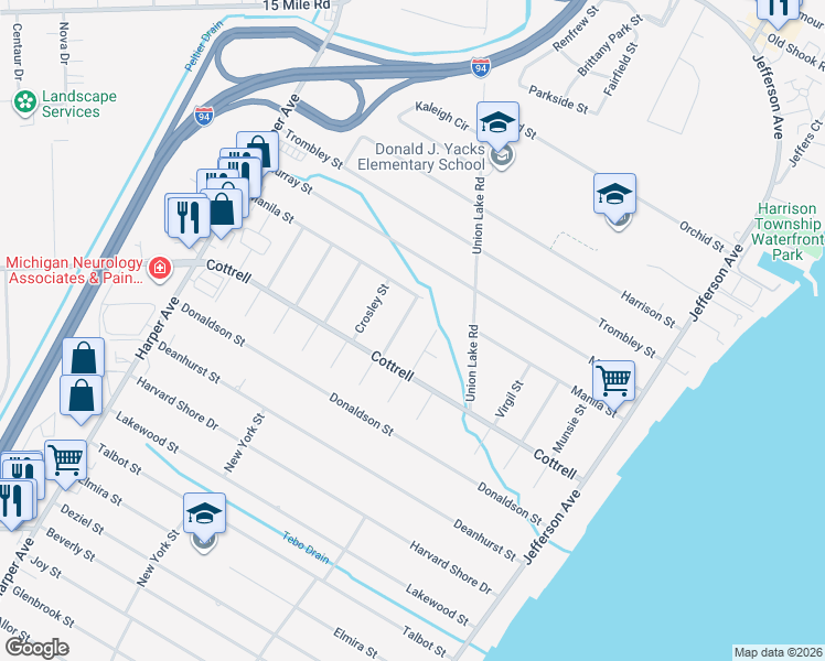 map of restaurants, bars, coffee shops, grocery stores, and more near 34352 Rhode Island Street in Clinton Township