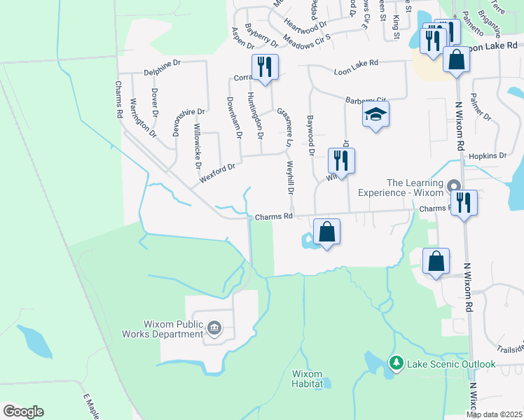 map of restaurants, bars, coffee shops, grocery stores, and more near 2030 Charms Road in Wixom