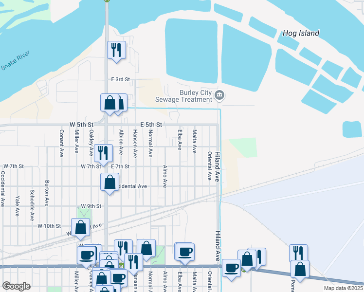 map of restaurants, bars, coffee shops, grocery stores, and more near 601 Elba Avenue in Burley