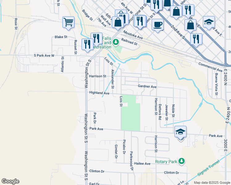 map of restaurants, bars, coffee shops, grocery stores, and more near 271 Highland Avenue in Twin Falls