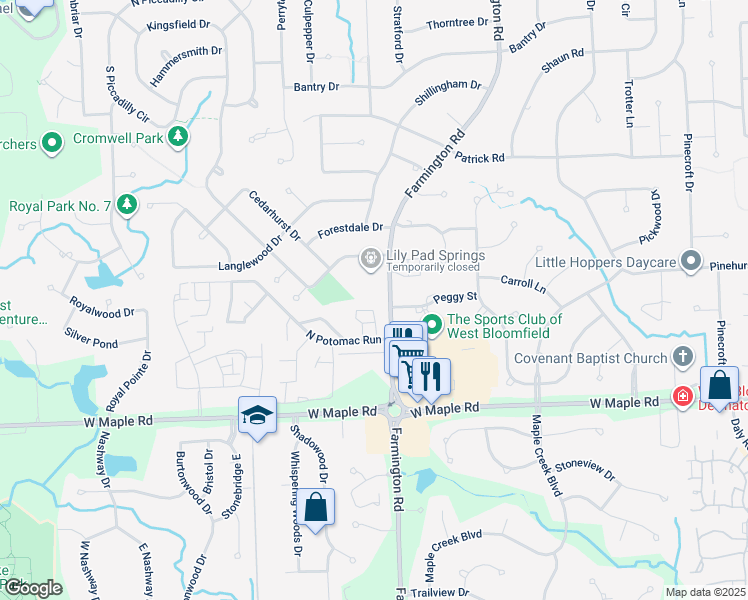 map of restaurants, bars, coffee shops, grocery stores, and more near 6269 Potomac Circle in West Bloomfield Township