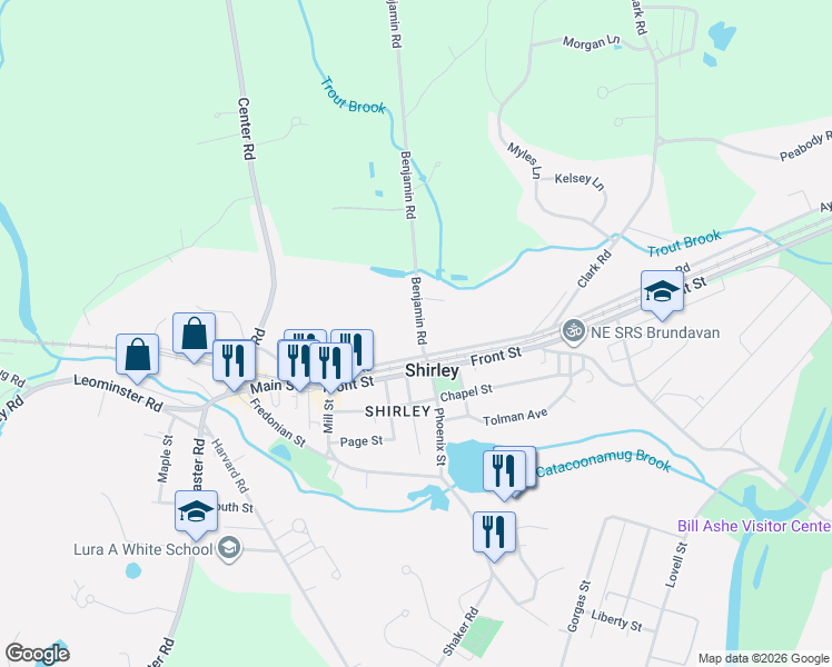 map of restaurants, bars, coffee shops, grocery stores, and more near 8 Benjamin Road in Shirley