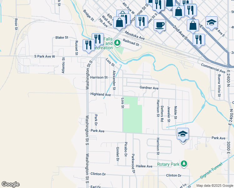 map of restaurants, bars, coffee shops, grocery stores, and more near 271 Highland Avenue in Twin Falls