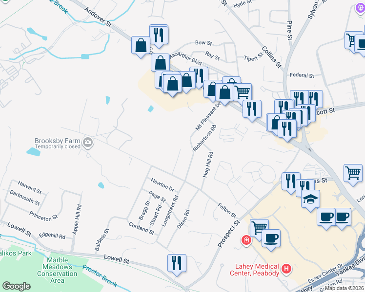 map of restaurants, bars, coffee shops, grocery stores, and more near 11 Felton Terrace in Peabody