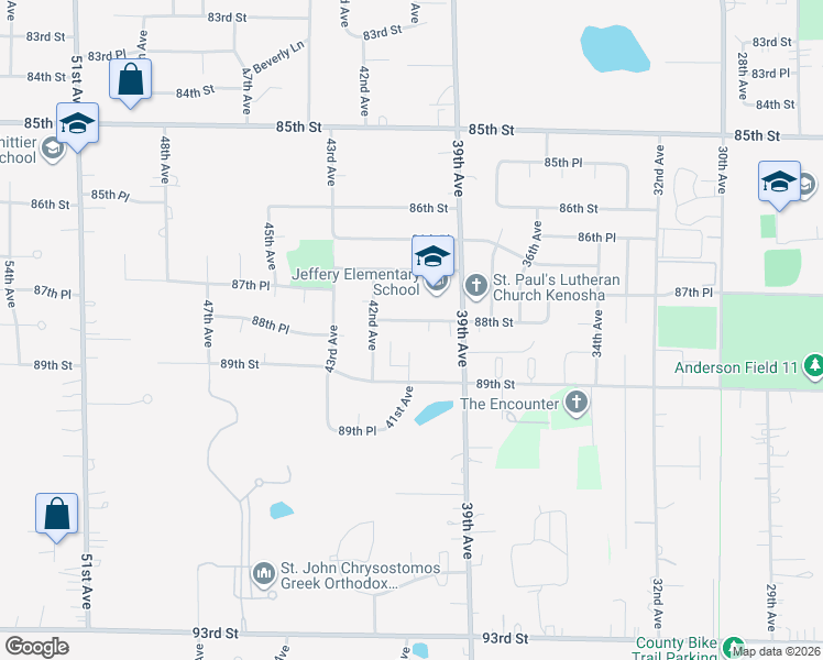 map of restaurants, bars, coffee shops, grocery stores, and more near 4027 88th Street in Kenosha