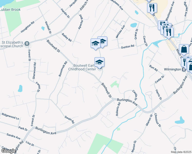 map of restaurants, bars, coffee shops, grocery stores, and more near 17 Boutwell Street in Wilmington