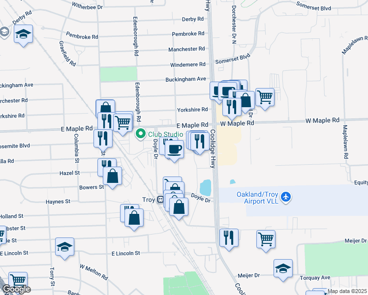 map of restaurants, bars, coffee shops, grocery stores, and more near 1400 Ashford Court in Troy