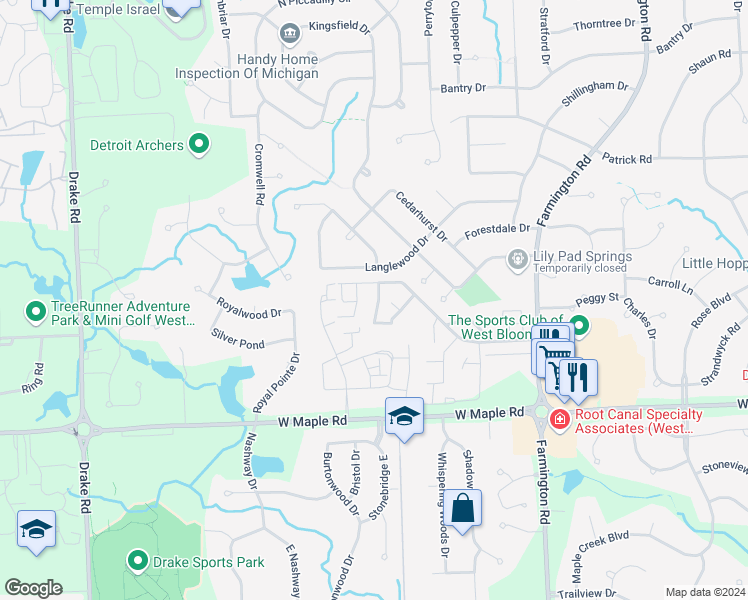 map of restaurants, bars, coffee shops, grocery stores, and more near 5460 Bentley Road in West Bloomfield Township