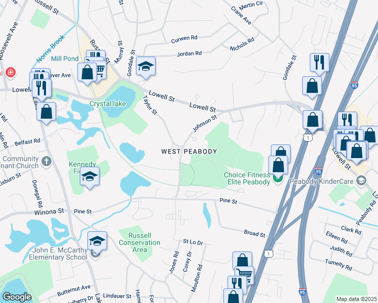 map of restaurants, bars, coffee shops, grocery stores, and more near in Peabody