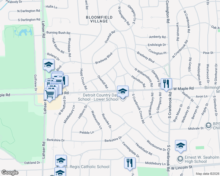 map of restaurants, bars, coffee shops, grocery stores, and more near 120 Overhill Road in Bloomfield Hills