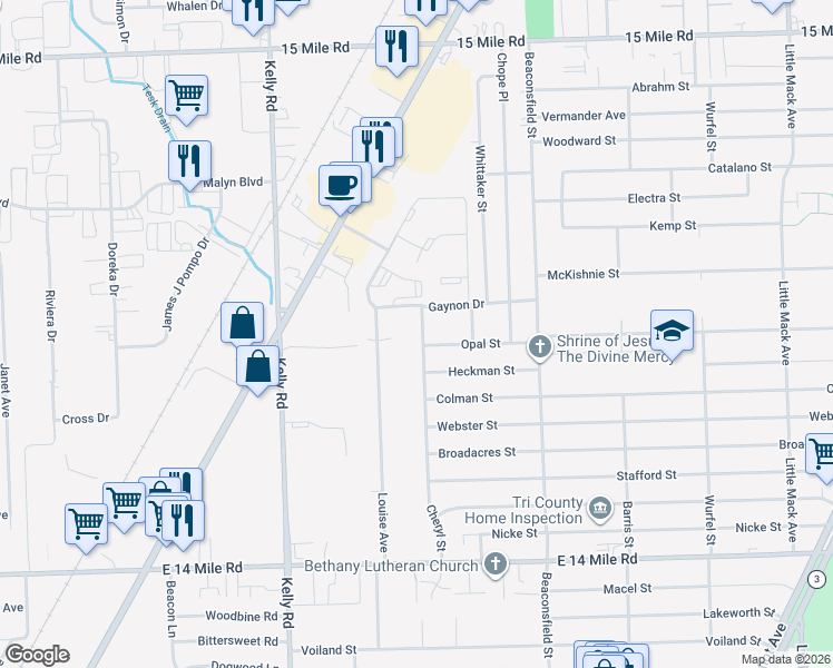 map of restaurants, bars, coffee shops, grocery stores, and more near 33923 Cheryl Street in Clinton Township