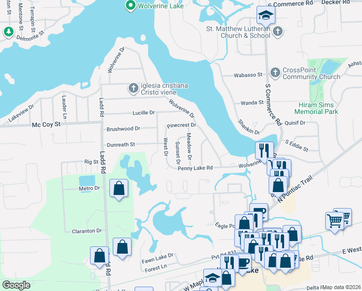 map of restaurants, bars, coffee shops, grocery stores, and more near 1451 Meadow Drive in Commerce Charter Township