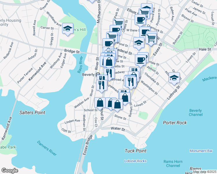 map of restaurants, bars, coffee shops, grocery stores, and more near 46 Pleasant Street in Beverly
