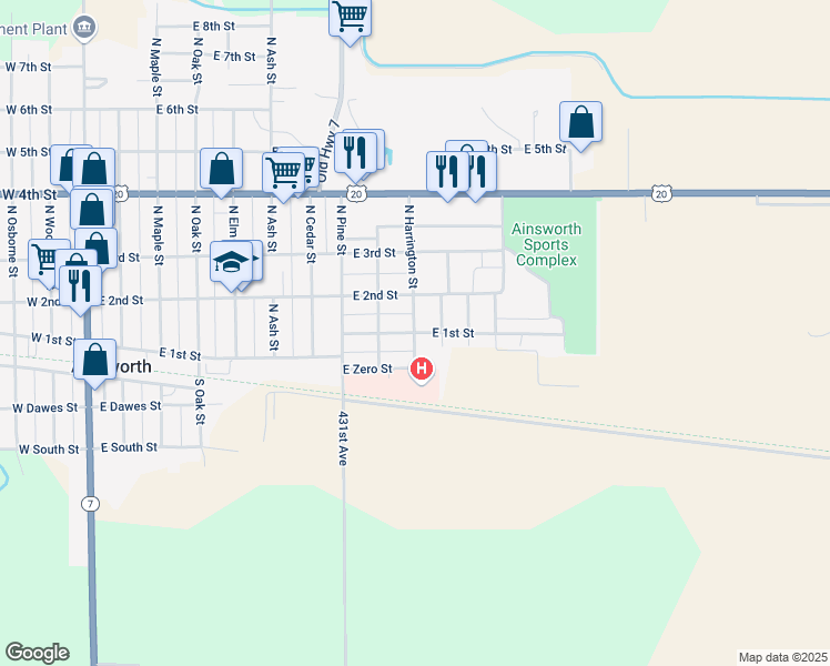 map of restaurants, bars, coffee shops, grocery stores, and more near 1000 East 1st Street in Ainsworth