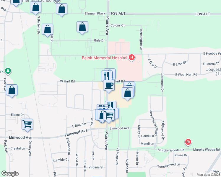 map of restaurants, bars, coffee shops, grocery stores, and more near 2787 County Highway G in Beloit