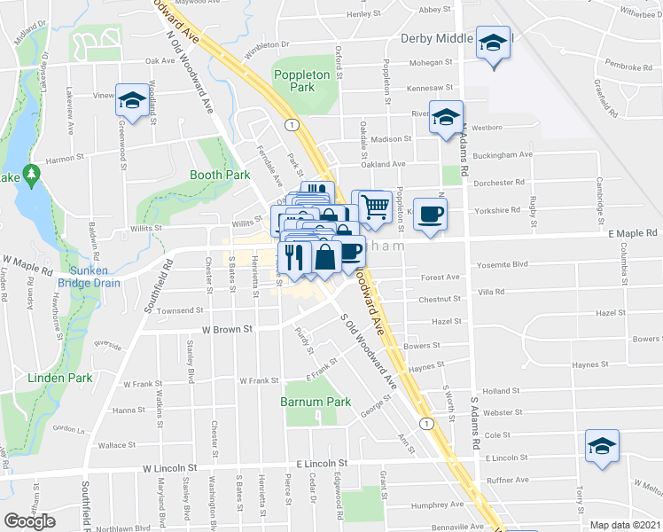 map of restaurants, bars, coffee shops, grocery stores, and more near 211 South Old Woodward Avenue in Birmingham