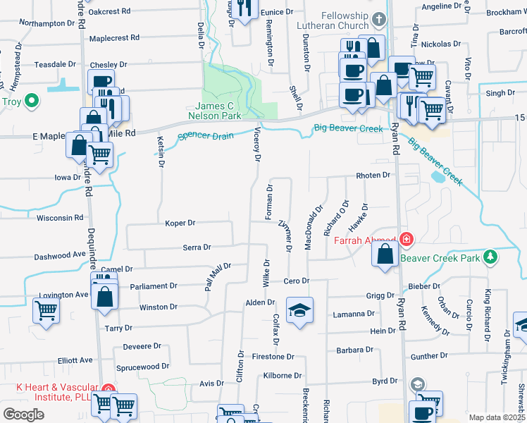 map of restaurants, bars, coffee shops, grocery stores, and more near 34537 Forman Drive in Sterling Heights