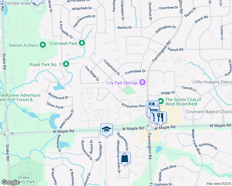 map of restaurants, bars, coffee shops, grocery stores, and more near 5149 Kingsfield Dr in West Bloomfield Township