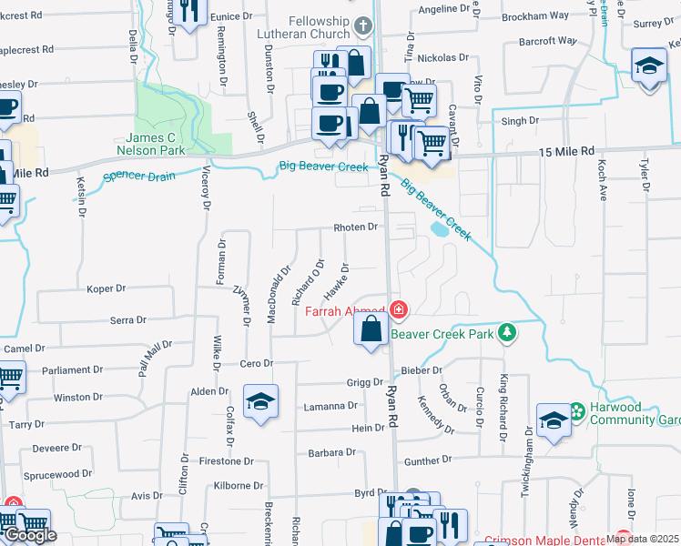 map of restaurants, bars, coffee shops, grocery stores, and more near 34567 Hawke Dr in Sterling Heights