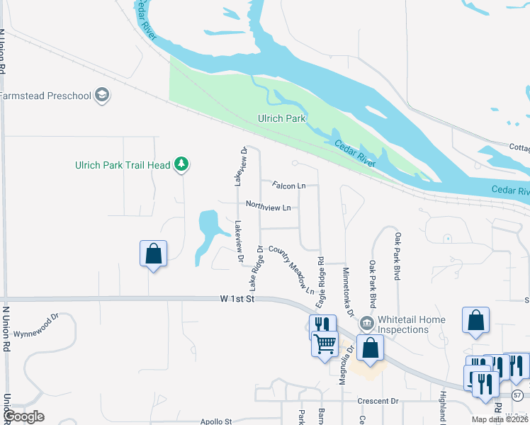 map of restaurants, bars, coffee shops, grocery stores, and more near 2805 Northview Lane in Cedar Falls