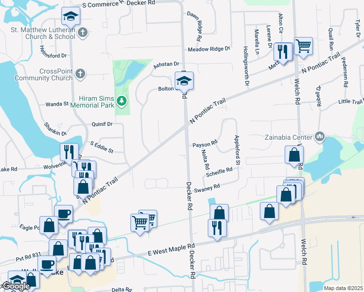 map of restaurants, bars, coffee shops, grocery stores, and more near 1409 Decker Road in Walled Lake
