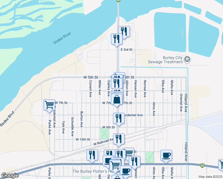 map of restaurants, bars, coffee shops, grocery stores, and more near 567 Oakley Avenue in Burley