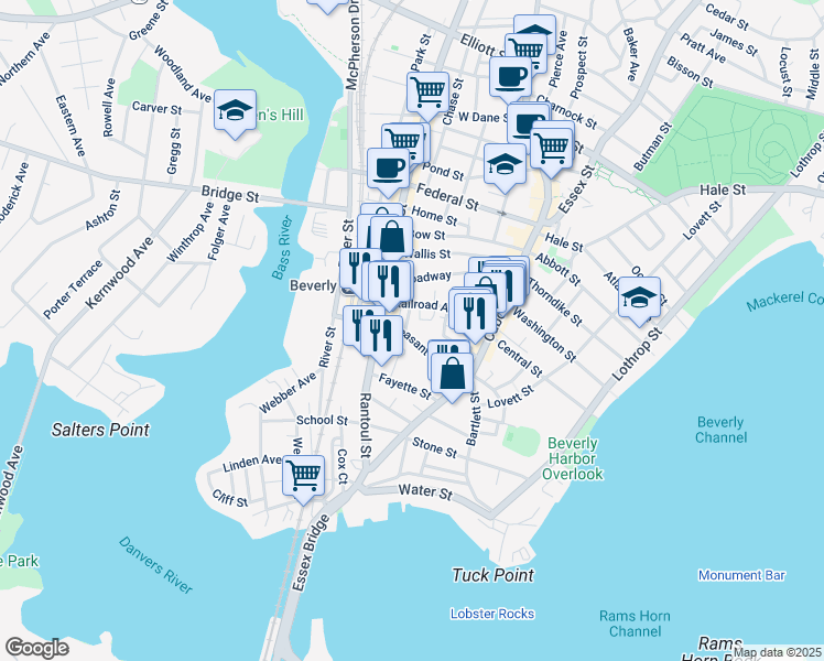 map of restaurants, bars, coffee shops, grocery stores, and more near 10-12 Moulton Court in Beverly
