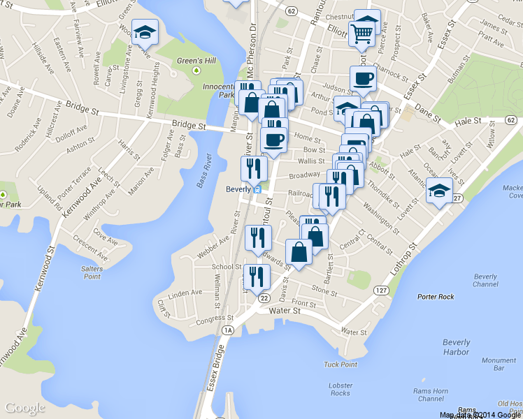 map of restaurants, bars, coffee shops, grocery stores, and more near 62 Pleasant Street in Beverly