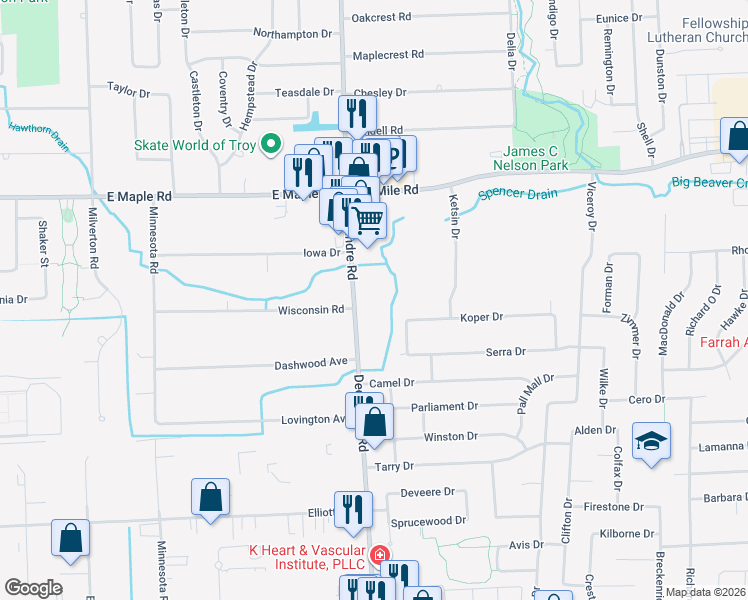 map of restaurants, bars, coffee shops, grocery stores, and more near 34514 Dequindre Road in Sterling Heights