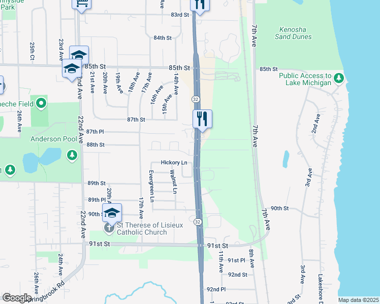 map of restaurants, bars, coffee shops, grocery stores, and more near 8760 Sheridan Road in Kenosha
