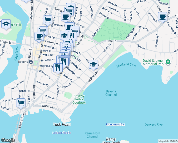 map of restaurants, bars, coffee shops, grocery stores, and more near 43 Abbott Street in Beverly