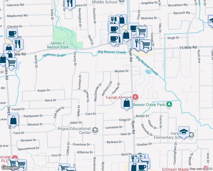 map of restaurants, bars, coffee shops, grocery stores, and more near 34563 Richard O Drive in Sterling Heights