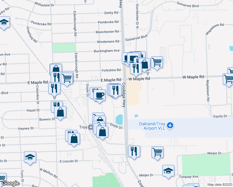 map of restaurants, bars, coffee shops, grocery stores, and more near 1420 Devon Lane in Troy