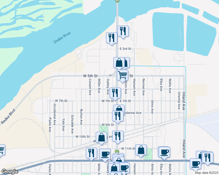 map of restaurants, bars, coffee shops, grocery stores, and more near 567 Oakley Avenue in Burley