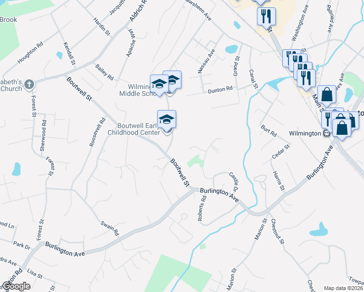 map of restaurants, bars, coffee shops, grocery stores, and more near 15 Boutwell Street in Wilmington