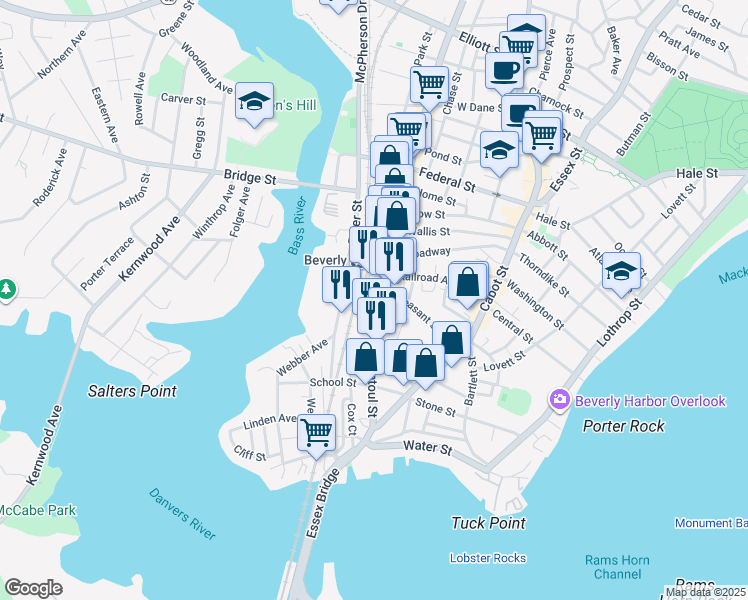 map of restaurants, bars, coffee shops, grocery stores, and more near 62 Pleasant Street in Beverly