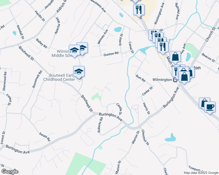 map of restaurants, bars, coffee shops, grocery stores, and more near 15 Stonehedge Drive in Wilmington