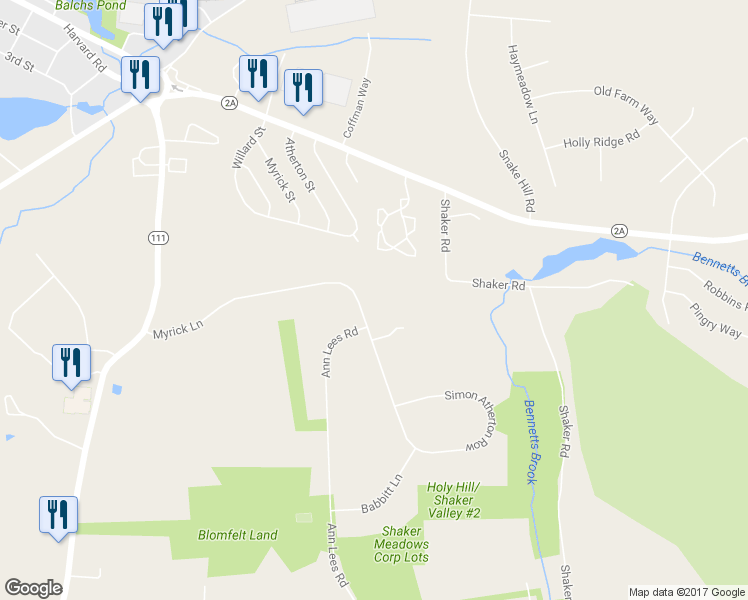 map of restaurants, bars, coffee shops, grocery stores, and more near 55 Myrick Lane in Harvard