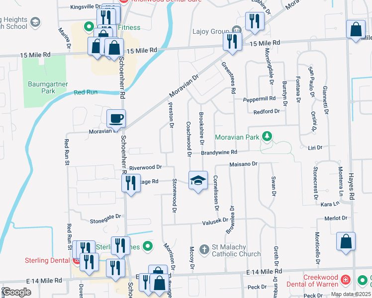 map of restaurants, bars, coffee shops, grocery stores, and more near 34039 Coachwood Drive in Sterling Heights
