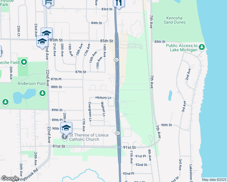 map of restaurants, bars, coffee shops, grocery stores, and more near 8760 Sheridan Road in Kenosha