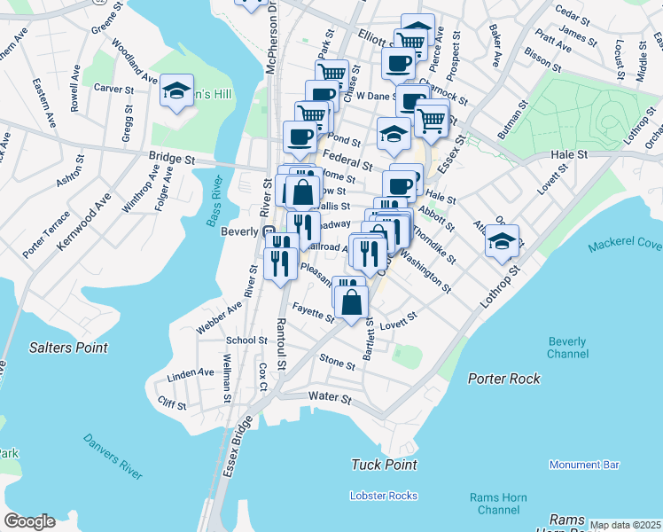 map of restaurants, bars, coffee shops, grocery stores, and more near 10-12 Moulton Court in Beverly