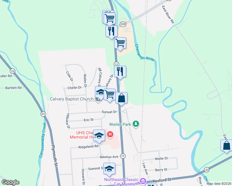 map of restaurants, bars, coffee shops, grocery stores, and more near 6077 New York 12 in Norwich