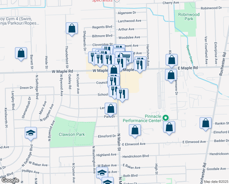 map of restaurants, bars, coffee shops, grocery stores, and more near 56 School Avenue in Clawson