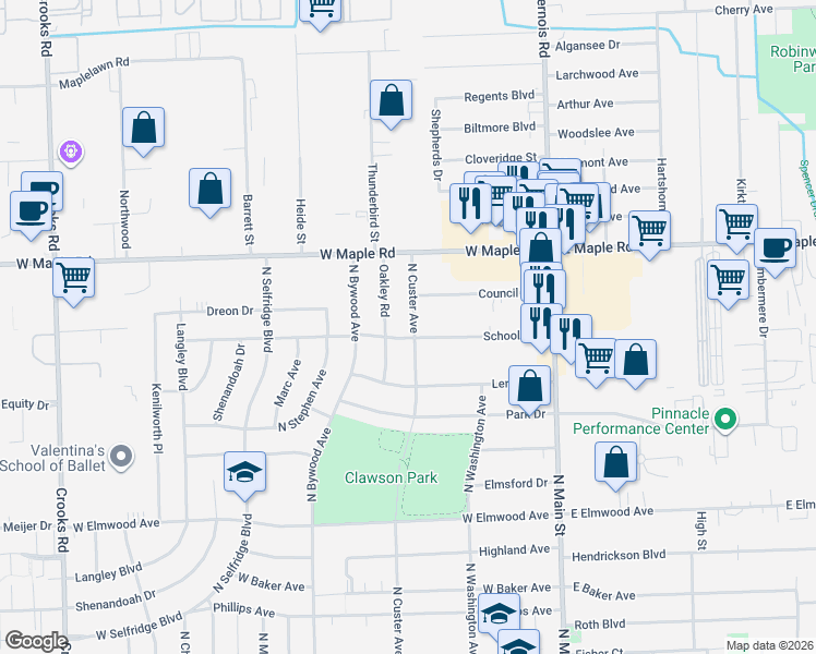 map of restaurants, bars, coffee shops, grocery stores, and more near 1421 North Custer Avenue in Clawson