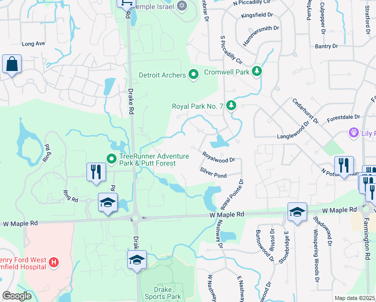 map of restaurants, bars, coffee shops, grocery stores, and more near 5753 Royal Pointe Drive in West Bloomfield Township