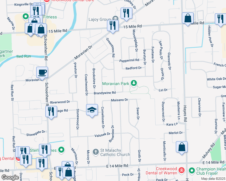 map of restaurants, bars, coffee shops, grocery stores, and more near 34009 Greentrees Road in Sterling Heights