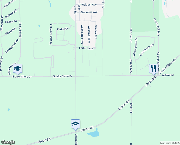 map of restaurants, bars, coffee shops, grocery stores, and more near W3650 South Lake Shore Drive in Lake Geneva
