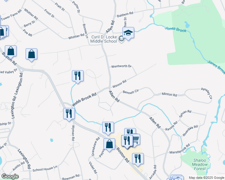 map of restaurants, bars, coffee shops, grocery stores, and more near 1 Winsor Road in Billerica