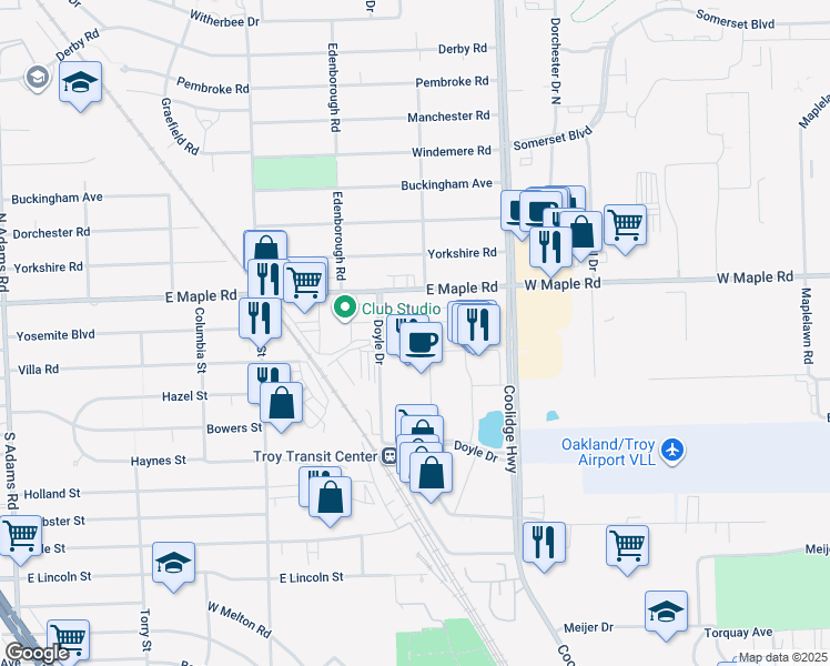 map of restaurants, bars, coffee shops, grocery stores, and more near 3200 Newbury Place in Troy