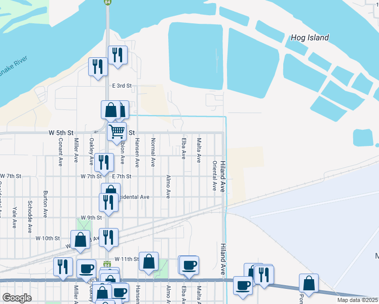 map of restaurants, bars, coffee shops, grocery stores, and more near 601 Elba Avenue in Burley